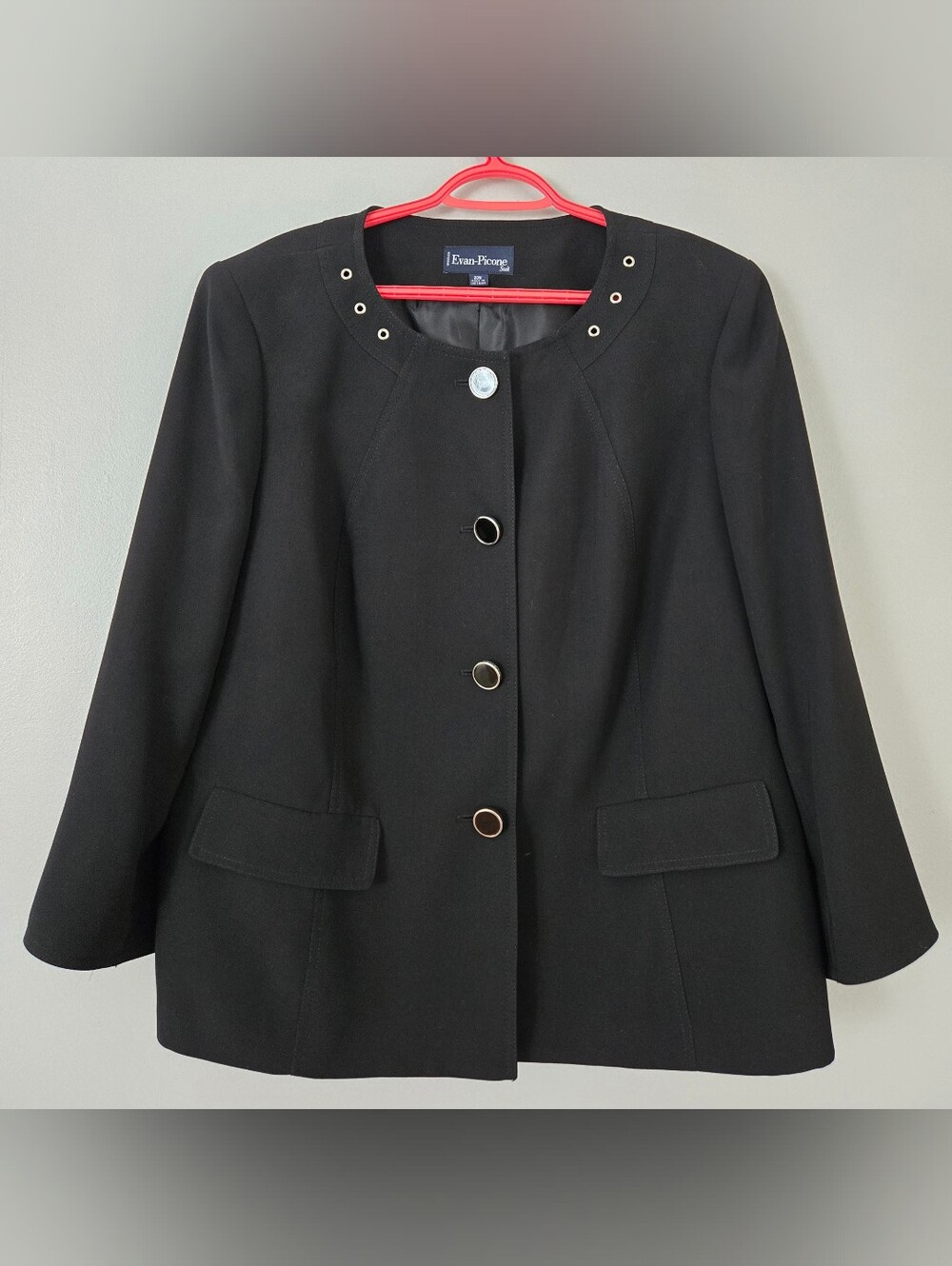 Evan-Picone Black Collarless Blazer Jacket Size 20w Grommet Neckline Button